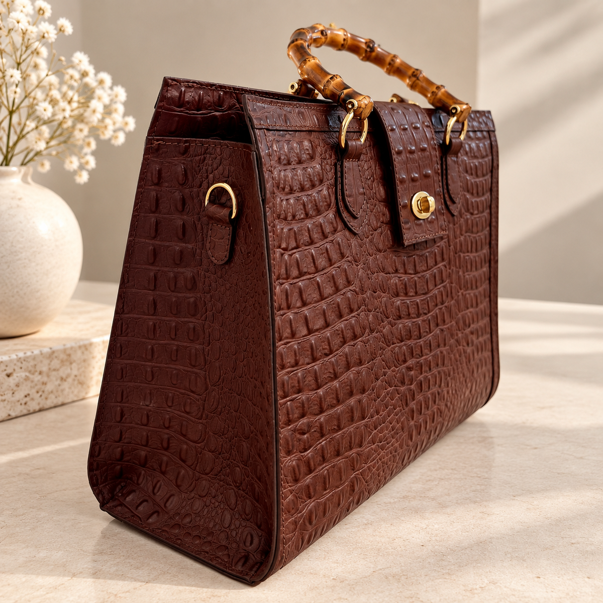 BORSA TOTE GRANDE IN VERA PELLE CON STAMPA COCCODRILLO