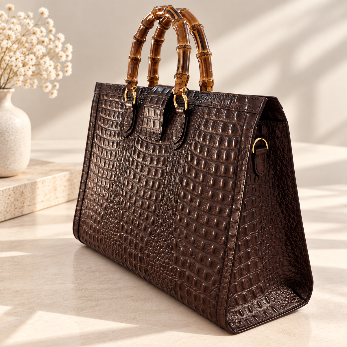 BORSA TOTE GRANDE IN VERA PELLE CON STAMPA COCCODRILLO