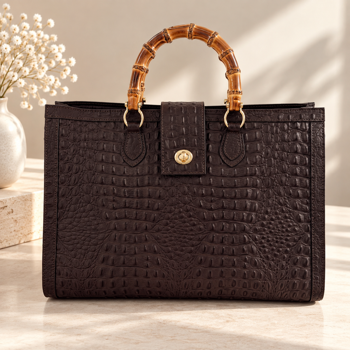 BORSA TOTE GRANDE IN VERA PELLE CON STAMPA COCCODRILLO
