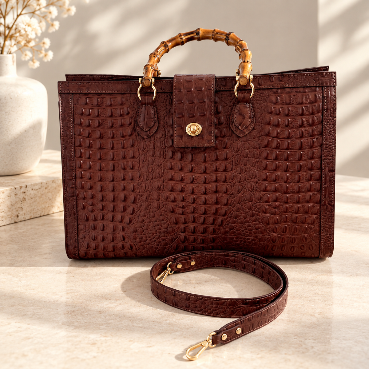 BORSA TOTE GRANDE IN VERA PELLE CON STAMPA COCCODRILLO